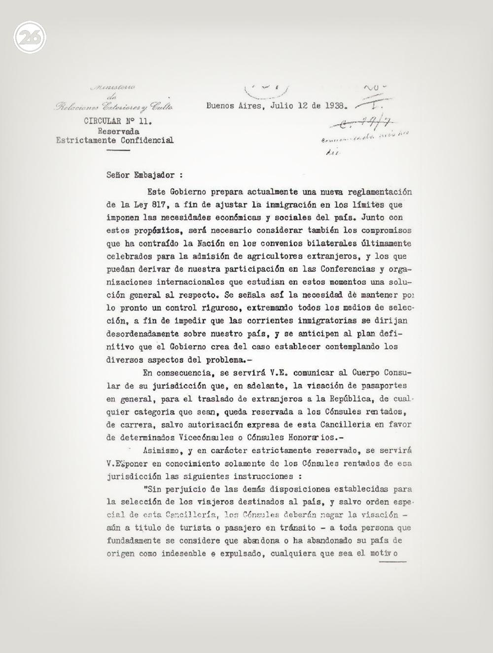Circular Nº11, el documento secreto que prohibió la entrada de judíos a la Argentina, José María Cantilo